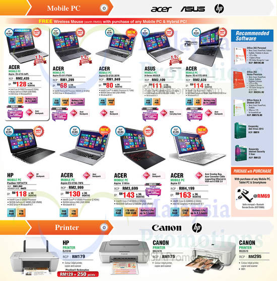 Notebooks, Printers, Software, Acer Aspire, ASUS, HP Pavilion, Canon, HP, Kaspersky, Microsoft, MG2470, MG3570, DJ1510