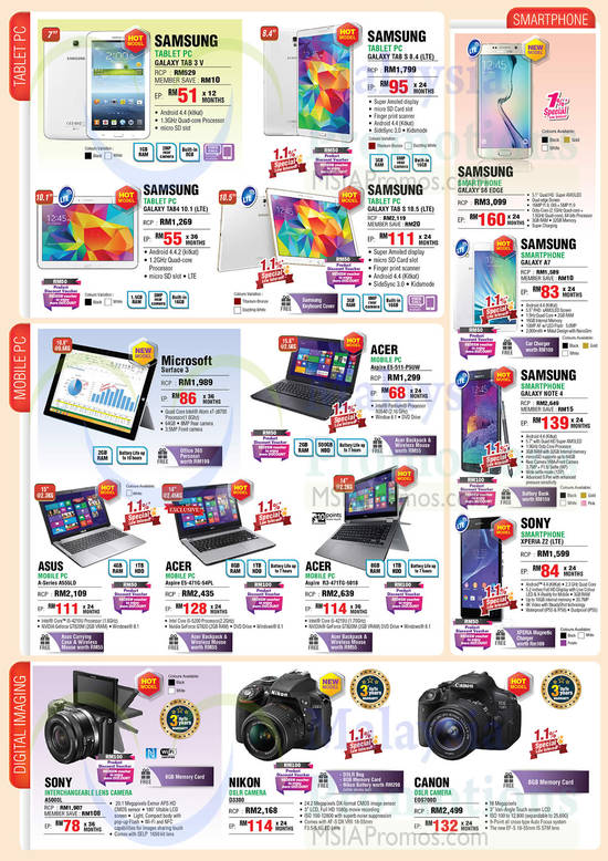 Tablets, Notebooks, Digital Cameras, Smartphones, Samsung Galaxy, Microsoft, Acer Aspire, Sony Xperia, Canon, Nikon, ASUS