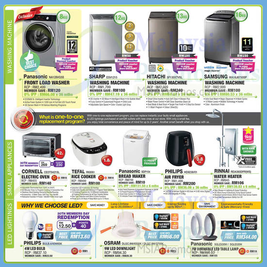 Washers, Kitchen Appliances, Bread Maker, Water Heater, Rice Cooker, Air Fryer, Table Lamps, Downlights, Philips, Osram, Hitachi, Sharp