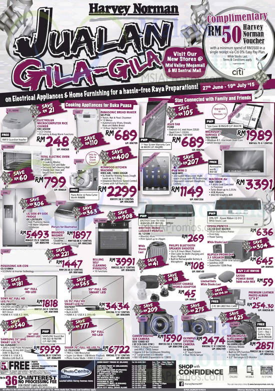 Rice Cooker, Bread Maker, Oven, TVs, Tablets, Printers, DSLRs, LG, Panasonic, Sony, Canon, Olympus, Nikon, Tefal, Electrolux