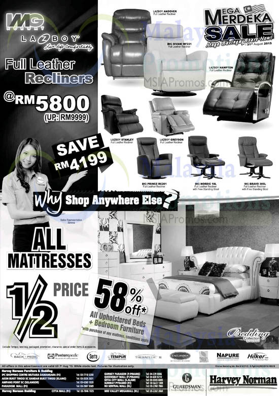 Full Leather Recliners, Mega Merdeka Sale, Upholstered Beds, Bedroom Furniture, IMG, Lazboy, Sealy Posturepedic, Serta, Tempur