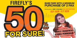 Featured image for (EXPIRED) Firefly 50% Off Base Fares Promo 5 – 9 Oct 2015