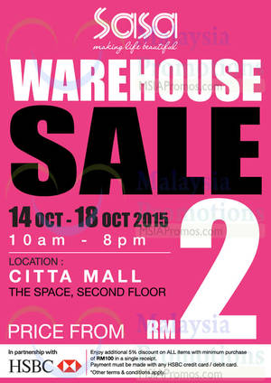 Featured image for Sasa Warehouse Sale @ Citta Mall 14 – 18 Oct 2015