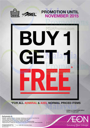 Featured image for (EXPIRED) Admiral & Axel Buy 1 Free 1 Promotion @ AEON 3 – 30 Nov 2015