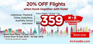 Featured image for (EXPIRED) Air Asia Go 20% Off Flights & fr RM359/pax 2N all-in Package Promo 30 Nov – 13 Dec 2015