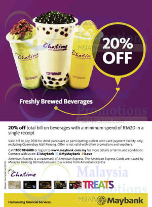 Featured image for Chatime 20% Off Beverages For Maybank Cardmembers 5 Nov 2015 – 14 Jul 2016
