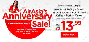 Featured image for (EXPIRED) Air Asia Anniversary Sale fr RM13.99 Fares Promotion 14 – 20 Dec 2015