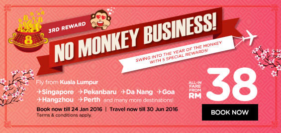 Featured image for Air Asia fr RM38 all-in "No Monkey Business" Promo Fares 18 - 24 Jan 2016