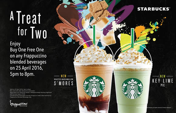 Starbucks Buy 1 FREE 1 Any Frappuccino 5pm to 8pm on 25 ...