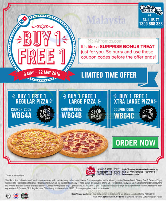 Domino's Pizza Buy 1 FREE 1 Promotion from 10 - 22 May 2016