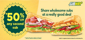 Featured image for Subway 50% OFF the 2nd Sub from 1 Apr – 31 May 2016