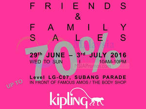 Featured image for (EXPIRED) Kipling Friends & Family Sale at Subang Parade from 29 Jun – 3 Jul 2016