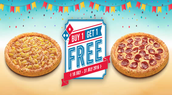 Featured image for Domino's Pizza: Buy 1 FREE 1 Pizza & 50% Off Selected Items Coupon Deals from 18 - 31 Jul 2016