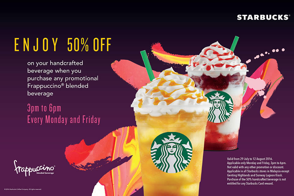 Starbucks 50 Off 2nd Beverage (Weekdays, 3pm to 6pm) from 29 Jul 12