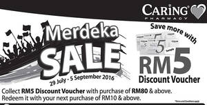 Featured image for (EXPIRED) Caring Pharmacy: FREE RM5 Voucher w/ RM80 Spend from 29 Jul – 5 Sep 2016