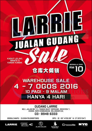 Featured image for (EXPIRED) Larrie: Warehouse Sale at Seri Kembangan Selangor from 4 – 7 Aug 2016