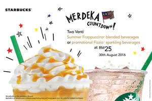 Featured image for Starbucks: RM25 for Two Venti Summer Frappe or Fizzio Beverages All-Day on 30 Aug 2016