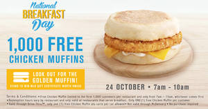 Featured image for McDonald’s is giving away FREE Chicken McMuffin at all Restaurants (No Purchase Req) on 24 Oct 2016