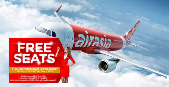 Featured image for Air Asia's free seats promotion is back with 3 million promo seats up for grabs from 14 - 20 Nov 2016
