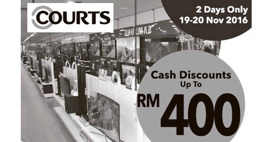 Featured image for Courts offers up to RM400 off cash discounts from 19 - 20 Nov 2016