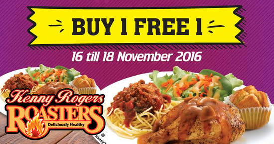 Featured image for Kenny Rogers ROASTERS is offering Buy-1-Free-1 Chicken & Pasta Meal from 16 - 18 Nov 2016