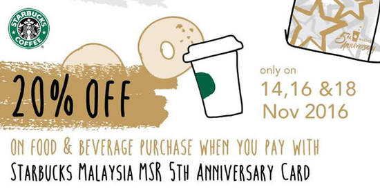 Featured image for Get 20% off food & beverage at Starbucks (Mon, Wed, Fri) from 14 - 18 Nov 2016