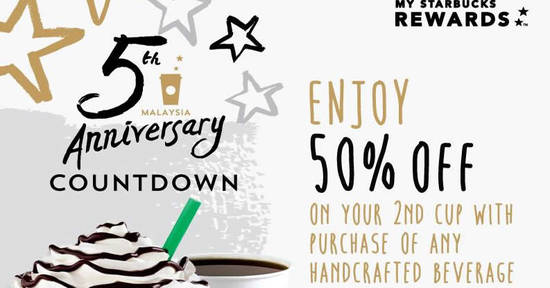Featured image for Starbucks offers 50% off the second beverage (5pm to 7pm) on 8 Nov 2016