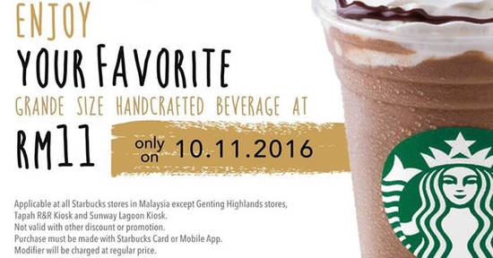 Featured image for Starbucks is offering Grande-sized handcrafted beverages for only RM11 each on 10 Nov 2016