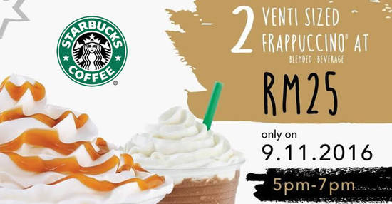 Featured image for Starbucks is offering two Venti-sized Frappuccino for RM25 on 9 Nov 2016