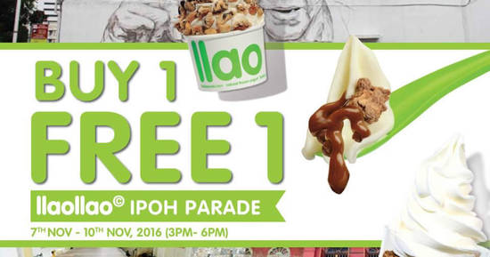 Featured image for llaollao is offering Buy 1 FREE 1 at their new outlet at Ipoh Parade from 7 - 10 Nov 2016