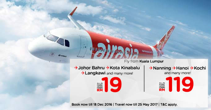 Featured image for AirAsia offers fares starting from RM19 all-in with their latest promotion from 12 - 18 Dec 2016
