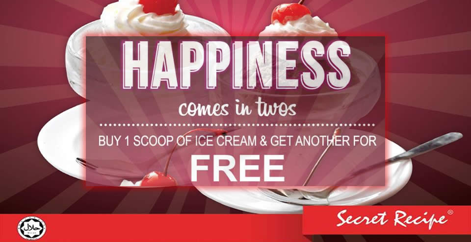 Featured image for Secret Recipe offers buy-1-free-1 scoops of ice cream at all Penisular outlets from 1 - 31 Dec 2016