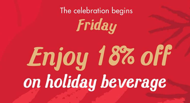 Featured image for Save 18% on any holiday beverage at Starbucks on Fridays from 2 - 16 Dec 2016