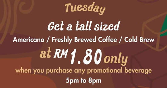 Featured image for Starbucks RM1.80 Americano or Freshly Brewed Coffee or Cold Brew on Tuesdays from 6 - 13 Dec 2016