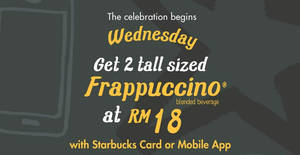 Featured image for (EXPIRED) Starbucks RM18 for two tall-sized Frappuccino on Wednesdays from 7 – 14 Dec 2016