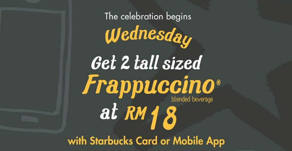 Featured image for Starbucks RM18 for two tall-sized Frappuccino on Wednesdays from 7 - 14 Dec 2016