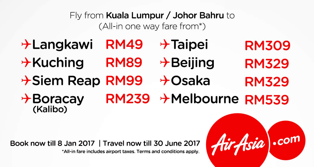 Featured image for AirAsia offers exclusive app fares fr RM49 all-in for travel till 30 June 2017. Book from 3 - 8 Jan 2017
