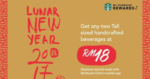 Featured image for Starbucks RM18 for two tall-sized beverages for cardholders from 23 – 24 Jan 2017