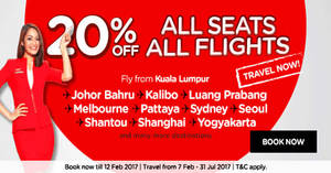 Featured image for (EXPIRED) AirAsia 20% off ALL seats, ALL flights for travel up to 31 July ’17. Book from 6 – 12 Feb 2017