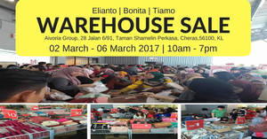 Featured image for Aivoria Bonita, Elianto & Tiamo’s up to 90% off warehouse sale at Cheras from 2 – 6 Mar 2017