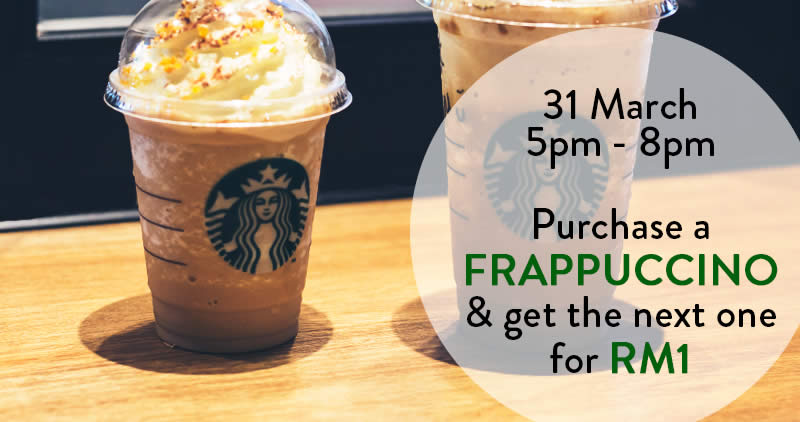 Featured image for Starbucks: RM1 for your 2nd Frappuccino on 31 Mar 2017, 5pm to 8pm