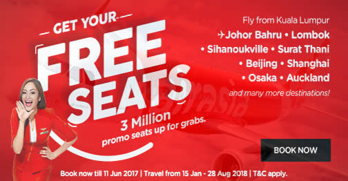Featured image for AirAsia: FREE Seats - 3 million promo seats up for grabs! Book from 5 - 11 Jun 2017