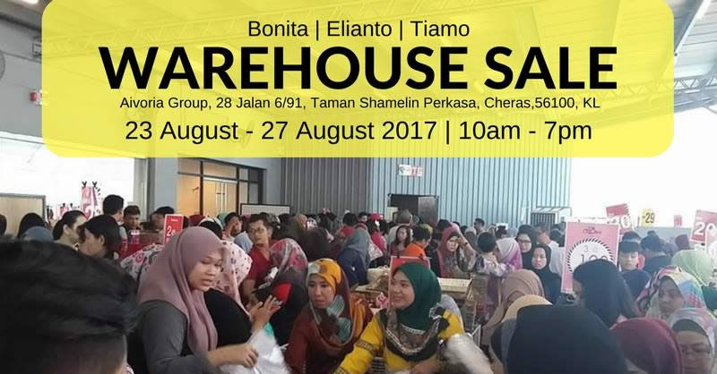 Featured image for Aivoria Bonita, Elianto & Tiamo: Up to 90% off warehouse sale at Cheras from 23 - 27 Aug 2017