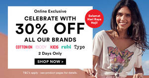 Featured image for Cotton On: 30% OFF ALL brands (inc Rubi, Typo, etc) online sale from 1 – 2 Sep 2017