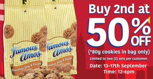 Featured image for Famous Amos: 50% off 2nd 80g cookies in bag Malaysia Day promo! From 13 – 17 Sep, 12pm – 6pm