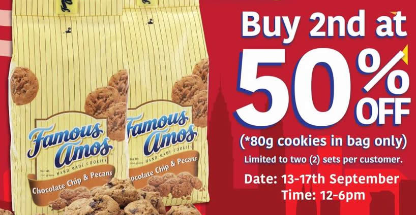 Featured image for Famous Amos: 50% off 2nd 80g cookies in bag Malaysia Day promo! From 13 - 17 Sep, 12pm - 6pm
