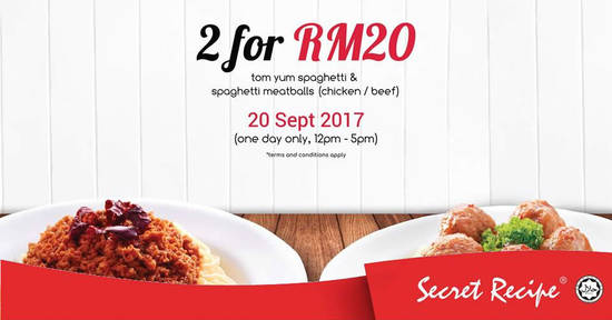 Featured image for Secret Recipe: RM20 for Tom Yum Spaghetti and Spaghetti Meatballs 1-DAY deal! On 20 Sep 2017, 12pm - 5pm