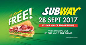 Featured image for Subway: Buy 1 FREE 1 Sub at ALL outlets nationwide on 28 Sep 2017!