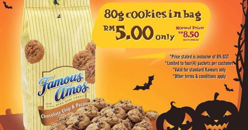 Featured image for Famous Amos: 80g cookie packs will be going for only RM5 (N.P. RM8.50) from 26 - 31 Oct 2017!
