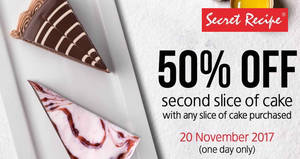 Featured image for Secret Recipe: 50% OFF second slice of cake for ONE-DAY only on 20 Nov 2017
